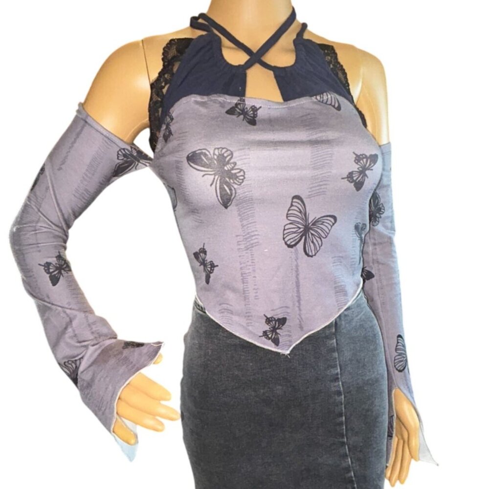 Womens Butterfly Print‎ Flare Sleeve Handkerchief Top Size S Fairy Grunge Y2K